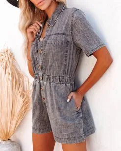 Pierre Tencel Pocketed Button Down Romper - Denim Black - FINAL SALE 17 Pierre Tencel Pocketed Button Down Romper - Denim Black - FINAL SALE -clothes Sales pierretencelpocketedbuttondownromperdenimblack78