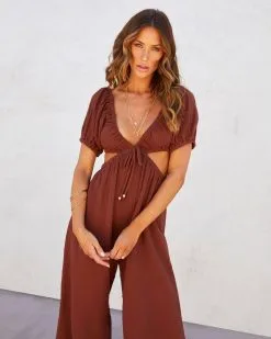 Portofino Breeze Cotton Puff Sleeve Cutout Jumpsuit - Chocolate -clothes Sales portofinobreezecottonpuffsleevecutoutjumpsuitchocolate891