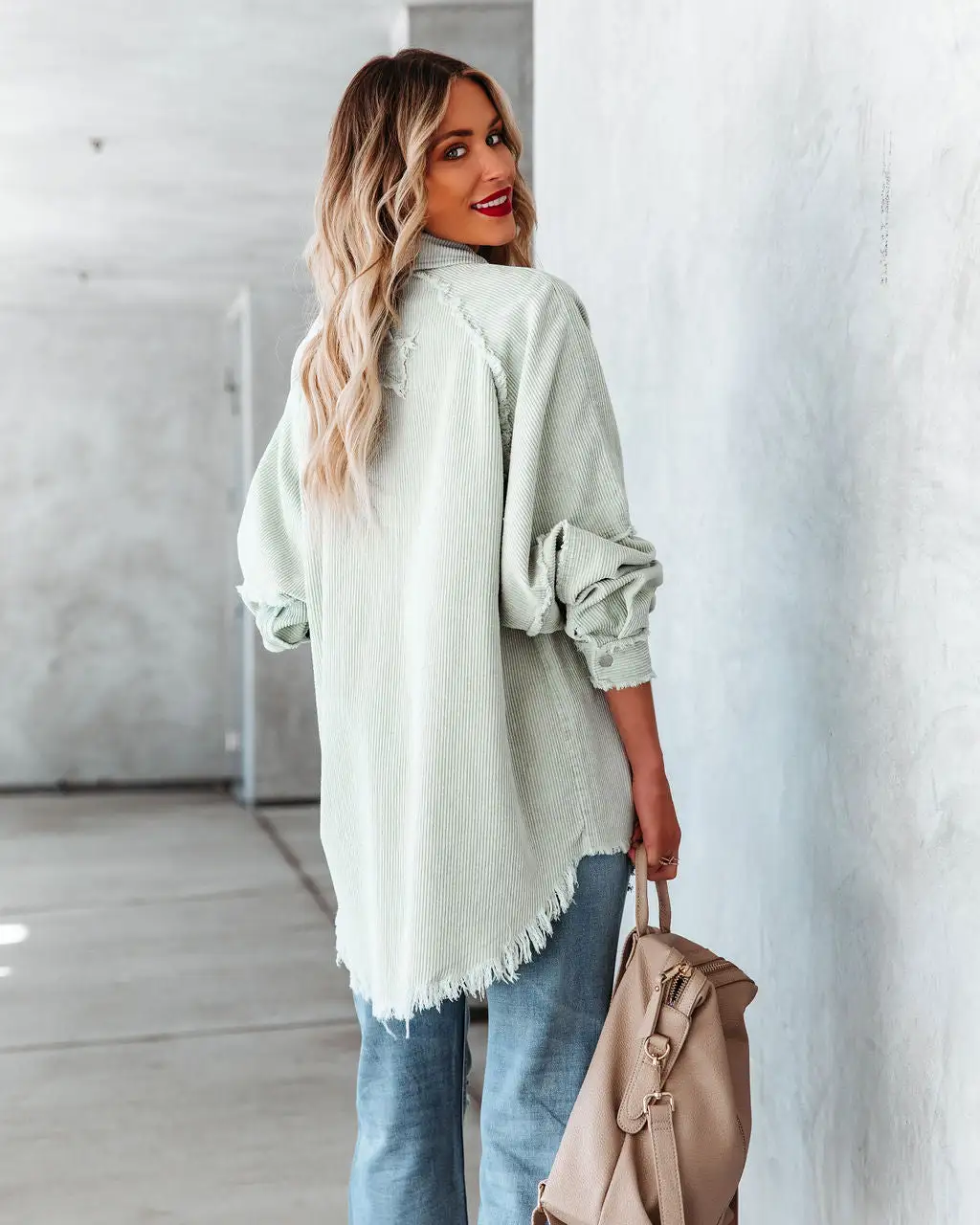 Rydian Cotton Frayed Corduroy Shacket - Pale Sage - FINAL SALE 2 Rydian Cotton Frayed Corduroy Shacket - Pale Sage - FINAL SALE - Image 2