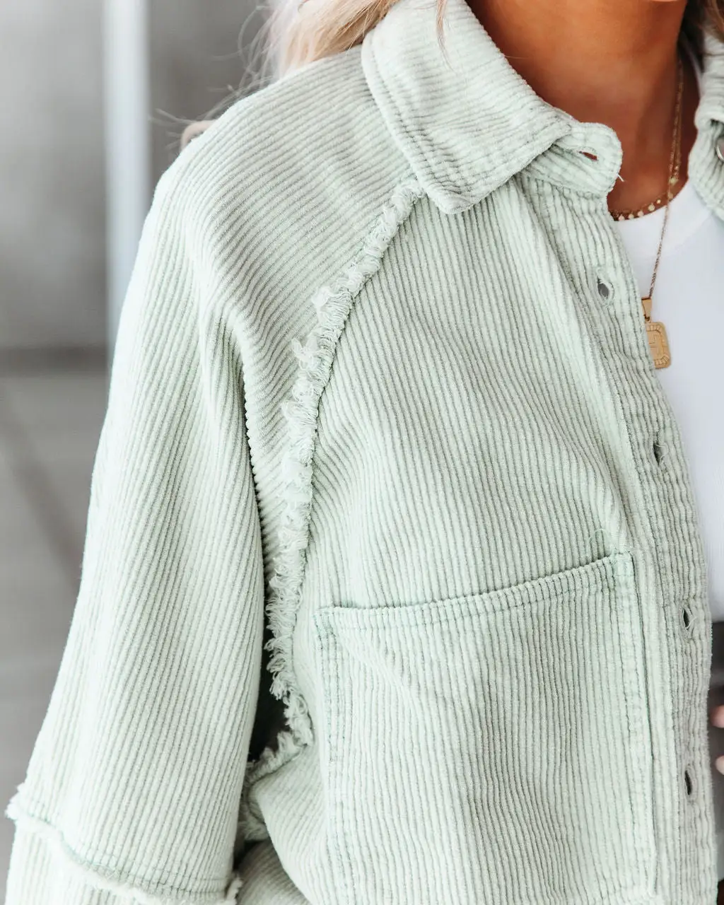 Rydian Cotton Frayed Corduroy Shacket - Pale Sage - FINAL SALE 4 Rydian Cotton Frayed Corduroy Shacket - Pale Sage - FINAL SALE - Image 4