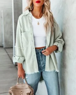 Rydian Cotton Frayed Corduroy Shacket - Pale Sage - FINAL SALE