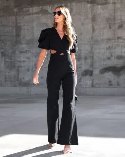 Sarah Denim Puff Sleeve Flare Jumpsuit - Black - SALE