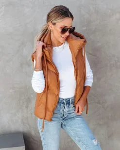 Shelton Pocketed Hooded Faux Leather Puffer Vest - Camel - FINAL SALE -clothes Sales sheltonpocketedhoodedfauxleatherpuffervestcamel117