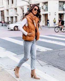 Shelton Pocketed Hooded Faux Leather Puffer Vest - Camel - FINAL SALE