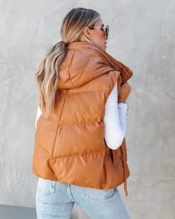 Shelton Pocketed Hooded Faux Leather Puffer Vest - Camel - FINAL SALE -clothes Sales sheltonpocketedhoodedfauxleatherpuffervestcamel52