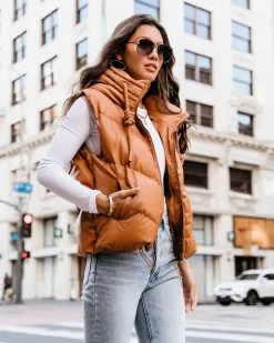Shelton Pocketed Hooded Faux Leather Puffer Vest - Camel - FINAL SALE -clothes Sales sheltonpocketedhoodedfauxleatherpuffervestcamel55