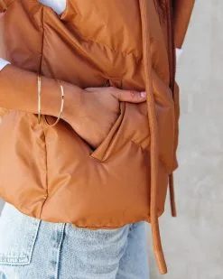 Shelton Pocketed Hooded Faux Leather Puffer Vest - Camel - FINAL SALE -clothes Sales sheltonpocketedhoodedfauxleatherpuffervestcamel98