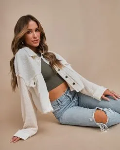 Teddy Sherpa Contrast Knit Thermal Jacket - Cream - FINAL SALE -clothes Sales sherpacontrastknitthermaljacketcream55