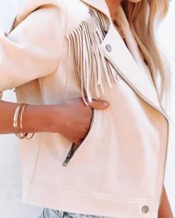 Shuma Pocketed Faux Leather Fringe Moto Jacket - Stone - FINAL SALE -clothes Sales shumapocketedfauxleatherfringemotojacketstone947