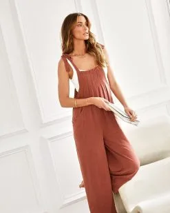 Stassia Pocketed Shoulder Tie Overalls - Clay 12 Stassia Pocketed Shoulder Tie Overalls - Clay -clothes Sales stassiapocketedshouldertieoverallsclay02390134