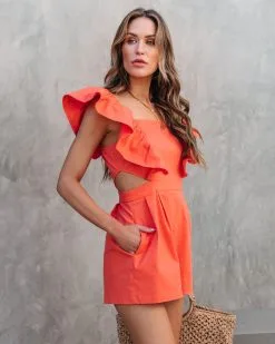 Stop And Stare Ruffle Cutout Pocketed Romper - Orange - SALE -clothes Sales stopandstarerufflecutoutpocetedromperorange 69