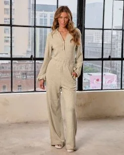 Sunday Morning Chill Cotton Ribbed Pocketed Jumpsuit - Taupe