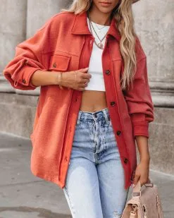 Tanan Pocketed Button Down Fleece Shacket - Rust - FINAL SALE