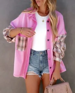 Taron Cotton Blend Contrast Plaid Shacket - Pink - FINAL SALE -clothes Sales taroncottonblendcontrastplaidshacketpink107