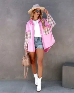 Taron Cotton Blend Contrast Plaid Shacket - Pink - FINAL SALE -clothes Sales taroncottonblendcontrastplaidshacketpink13