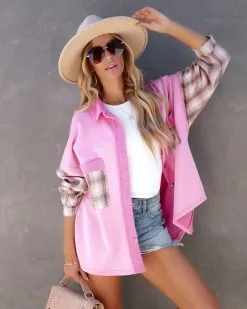 Taron Cotton Blend Contrast Plaid Shacket - Pink - FINAL SALE -clothes Sales taroncottonblendcontrastplaidshacketpink91