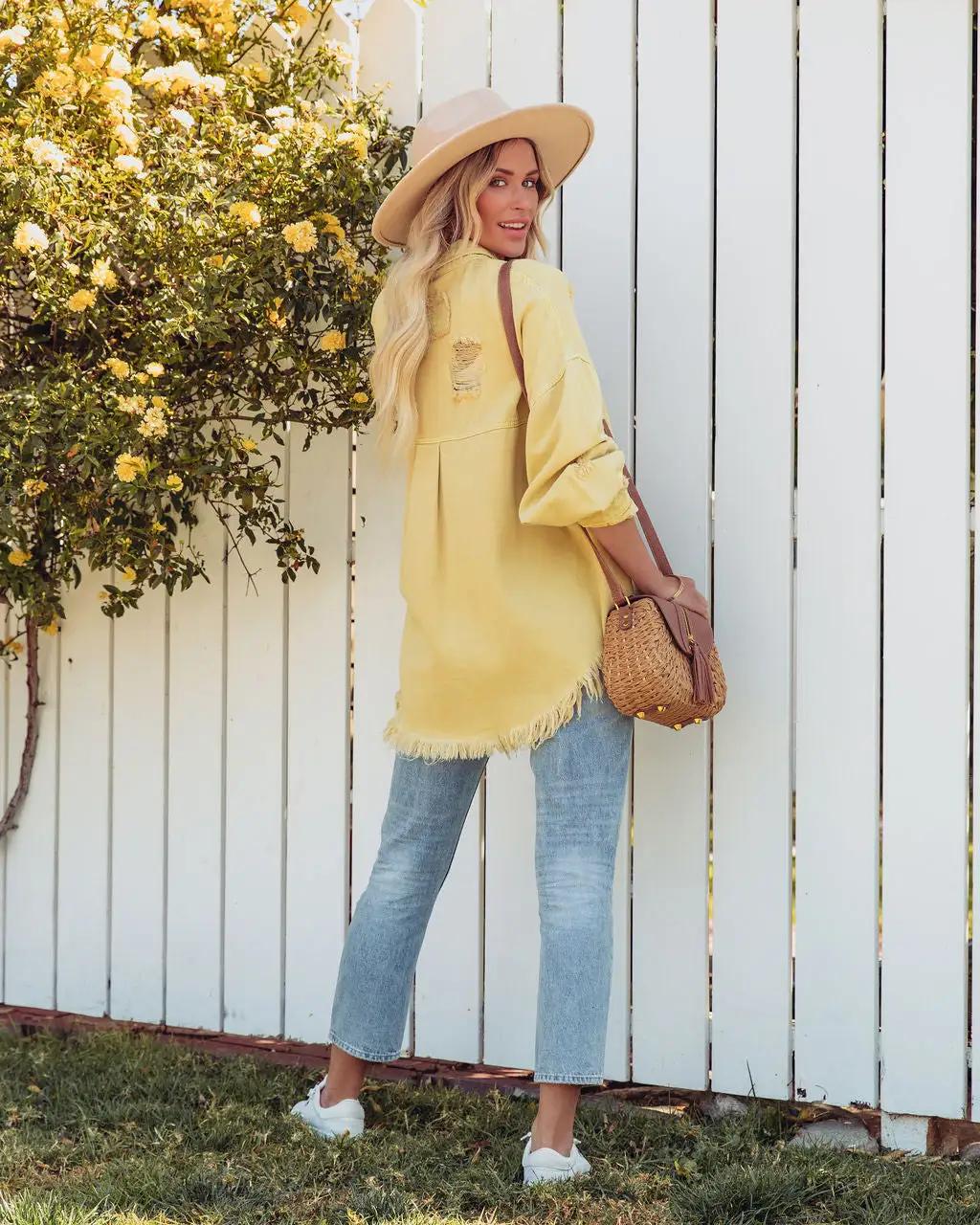 Thinking Out Loud Cotton Distressed Denim Jacket - Yellow - FINAL SALE 2 Thinking Out Loud Cotton Distressed Denim Jacket - Yellow - FINAL SALE - Image 2