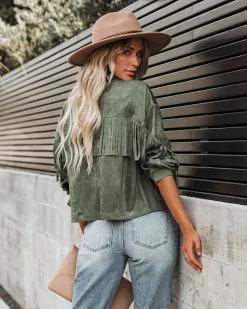 Tuck Fringe Faux Suede Jacket - Dusty Teal - LAST CHANCE