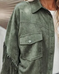 Tuck Fringe Faux Suede Jacket - Dusty Teal - LAST CHANCE -clothes Sales tuckfringefauxsuedejacketdustyteal19