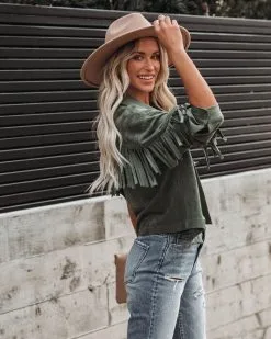 Tuck Fringe Faux Suede Jacket - Dusty Teal - LAST CHANCE -clothes Sales tuckfringefauxsuedejacketdustyteal26