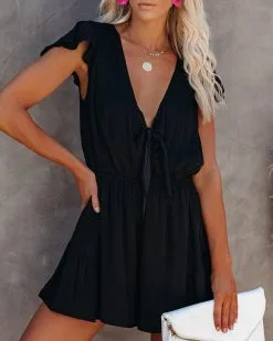 Untangled Satin Ruffle Tie Romper - Black - FINAL SALE -clothes Sales untangledsatinruffletieromperblack10