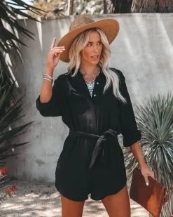 Valery Cotton Pocketed Button Down Romper - Black - LAST CHANCE -clothes Sales valerycottonpocketedbuttondownromperblack91