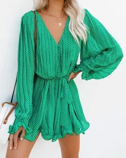 Viera Polka Dot Pleated Romper - Green - FINAL SALE