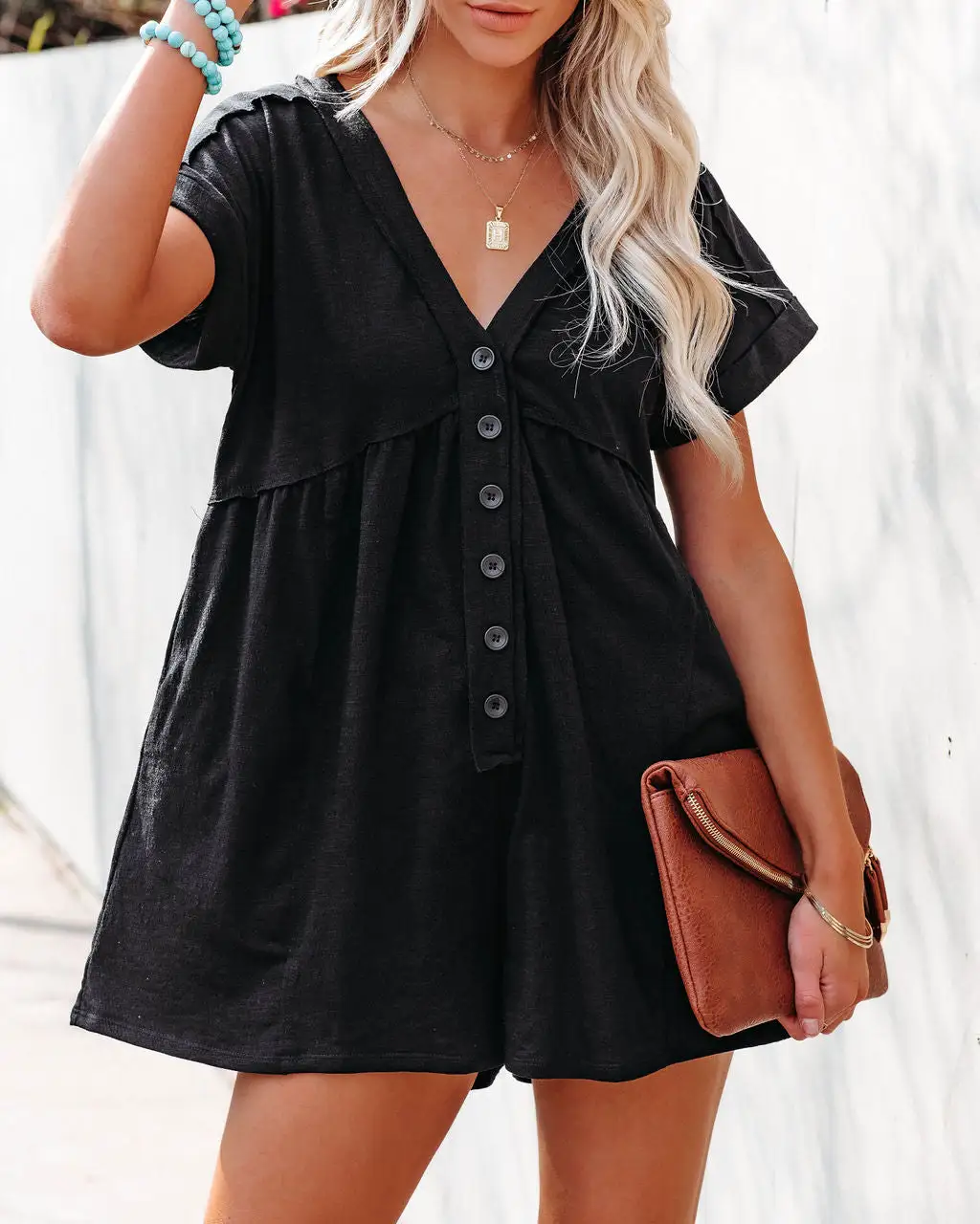 Vincent Cotton Blend Pocketed Button Down Romper - Black 5 Vincent Cotton Blend Pocketed Button Down Romper - Black - Image 5