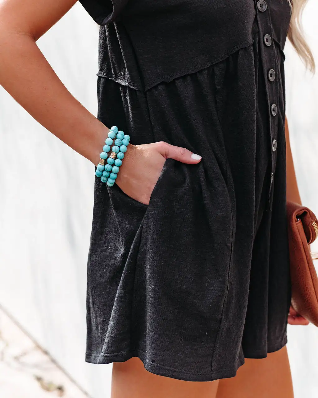 Vincent Cotton Blend Pocketed Button Down Romper - Black 4 Vincent Cotton Blend Pocketed Button Down Romper - Black - Image 4