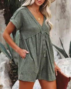Vincent Cotton Blend Pocketed Button Down Romper - Olive -clothes Sales vincentcottonblendpocketedbuttondownromperolive14