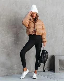 Yorker Faux Leather Pocketed Puff Jacket - Tan - FINAL SALE -clothes Sales yorkerfauxleatherpocketedpuffjackettan12