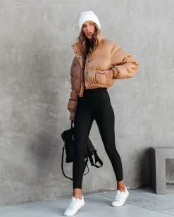 Yorker Faux Leather Pocketed Puff Jacket - Tan - FINAL SALE -clothes Sales yorkerfauxleatherpocketedpuffjackettan55