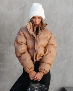 Yorker Faux Leather Pocketed Puff Jacket - Tan - FINAL SALE -clothes Sales yorkerfauxleatherpocketedpuffjackettan65