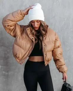 Yorker Faux Leather Pocketed Puff Jacket - Tan - FINAL SALE