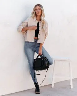 Younes Cotton Blend Crop Button Down Shacket - Champagne - LAST CHANCE