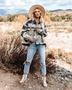 Zion Distressed Button Down Shacket - Teal - FINAL SALE